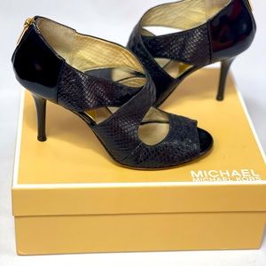 Michael Kors stiletto, black leather with gold accents